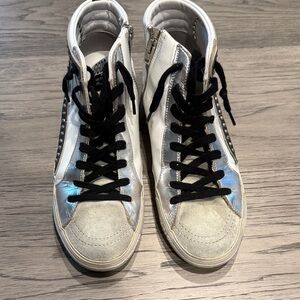 Golden Goose White and Silver High-Tops with Black Accents